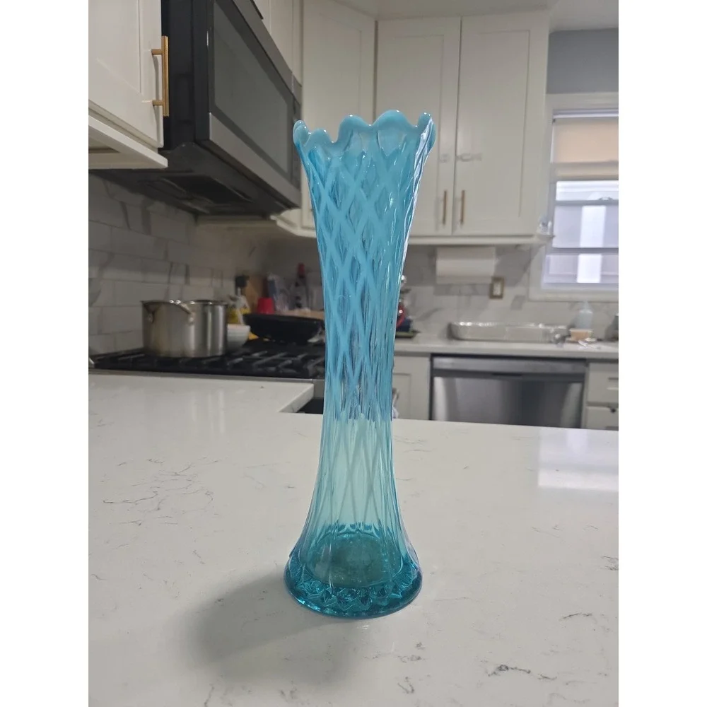 Fenton Blue Glass Opalescent Swung Vase 11 inches Tall